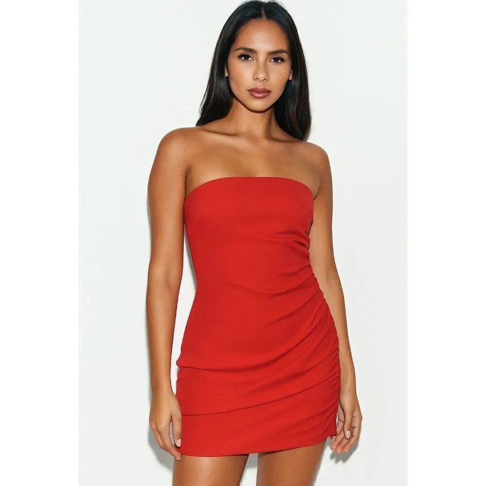 NWT Zara Side Ruched Strapless Cherry Red Bodycon Mini Dress